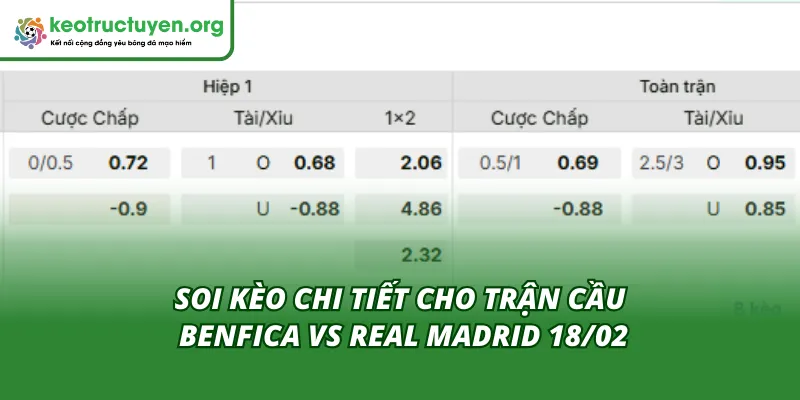 Cùng Kèo Nhà Cái soi tỷ lệ kèo trận Benfica - Real Madrid 18/02